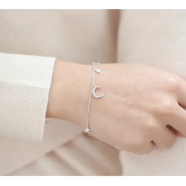 S925 sliver Bracelet Серебряный художественный браслет с Луной и звездами, браслеты с цирконием, браслеты с подвесками в виде звезд и Луны, модные женские браслеты - Окраска металла: S925 sliver Bracelet
