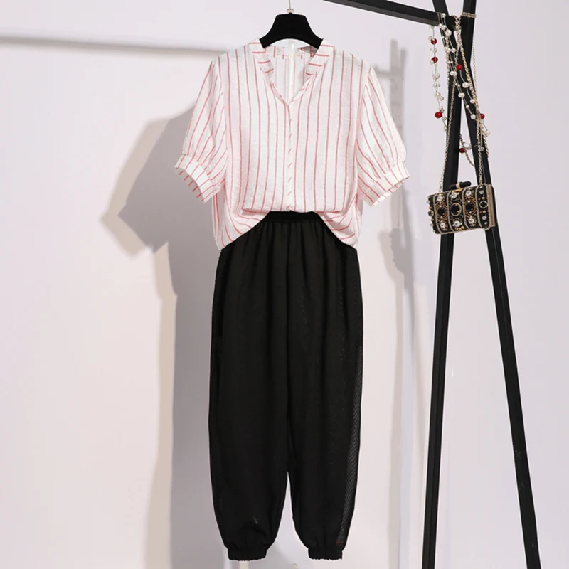 2019 Plus Size Two Piece Set Women Shirt+Elastic Waist Pants Joggers Striped Tops Casual Hollow Pant Sets For Woman Summer |