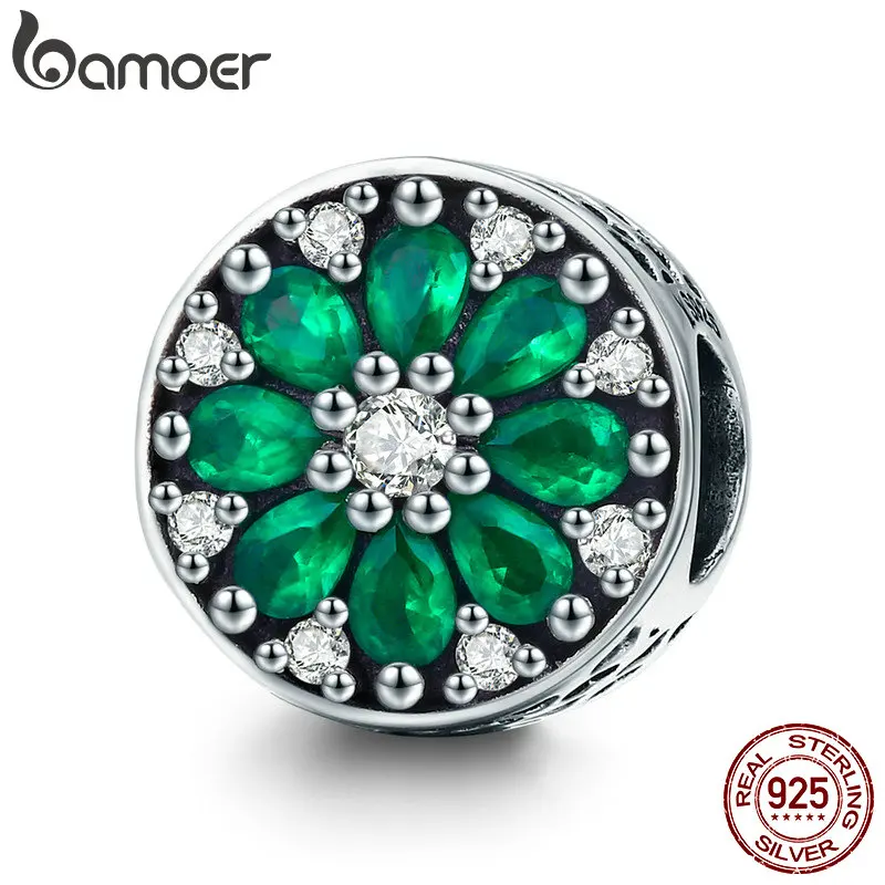 BAMOER 925 пробы Серебряная Летняя коллекция светящийся зеленый кристалл CZ Круглые бусины подходят для браслета и ожерелья ювелирные изделия SCC629
