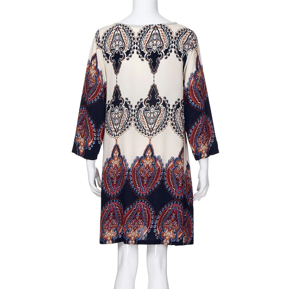 Винтажный стиль Принт Большой Размер Свободное платье с длинным рукавом