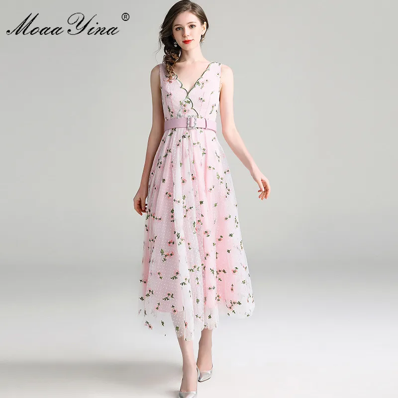 MoaaYina модельер взлетно-посадочной полосы платье летом Для женщин v-образным