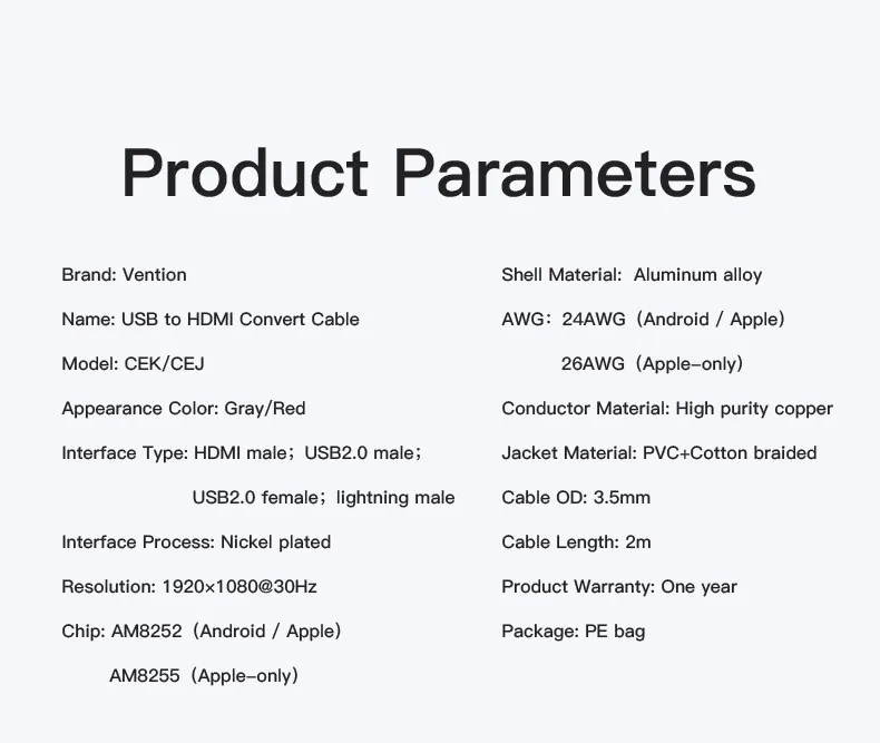 Vention HDMI кабель 2 м USB к HDMI конвертер кабель для iPhone 8 Pin к HDMI цифровой av-кабель для iPhone 7 6S Android Поддержка HDTV