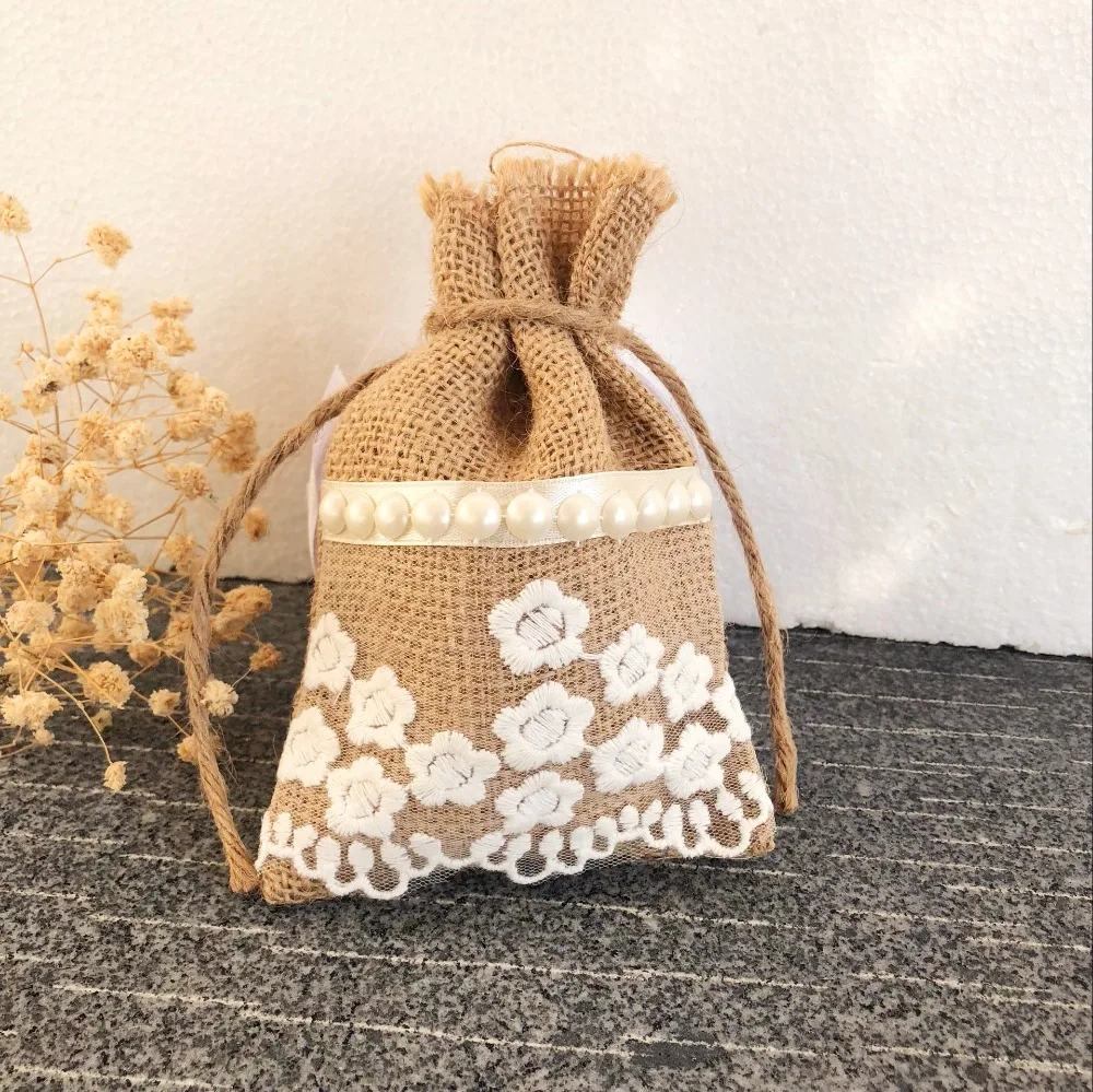 30pcs/lot New Fashion Small flower Lace Favor Bags pearl Burlap Wedding Candy Bag Rustic gift bag Drawstring Pouch Home | Дом и сад