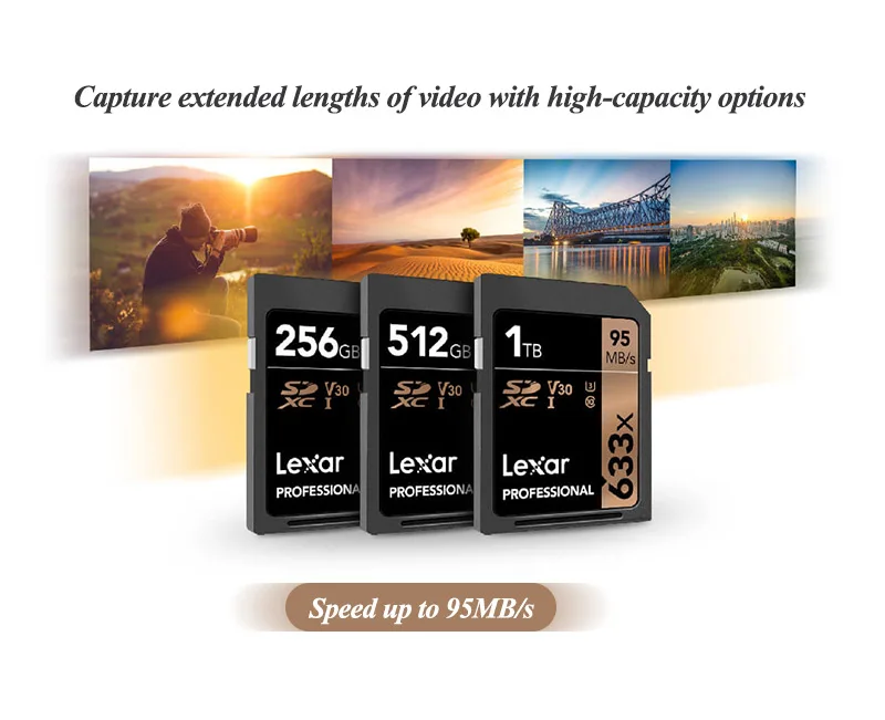 Lexar 633x32 Гб U1 SDHC 64 Гб 128 ГБ 256 U3 SD, карта памяти SDXC с профессиональные карты памяти 95 МБ/с. для 1080p видео в формате 4K Камера