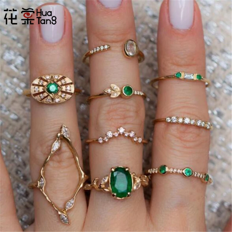 HuaTang Bohemia Green Rhinestone Flower Crystal Wave Ring Set for Women Geometric Knuckle Midi Engagement Rings Jewelry 7120 | Украшения и