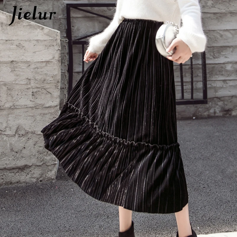 Jielur 2021 Chic Patchwork Velvet Midi Skirt Women Autumn Fashion High Waist Pleated Skirts 7 Colors Elegant Vintage Saia Female | Женская