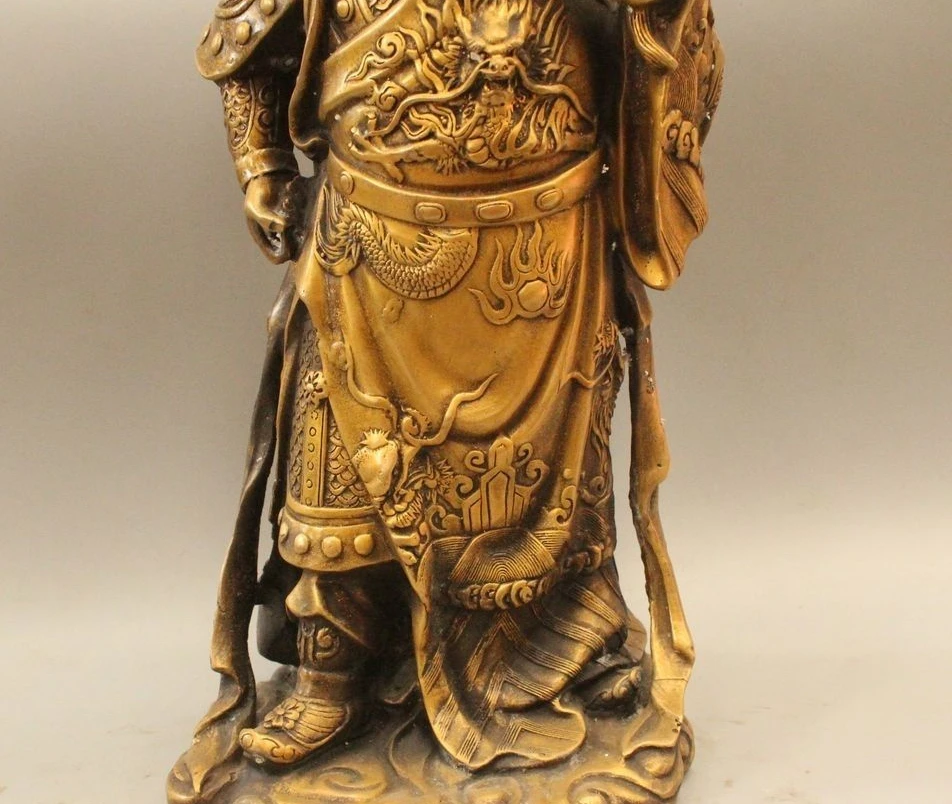 16 &quotКитайский латунный феншуй стенд Guan Gong Yu воин Бог дракон меч статуя | Дом и сад