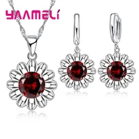 factory price fashion jewelry sets for women 925 serling silver red wine color sunflower cz necklace pendant earrings