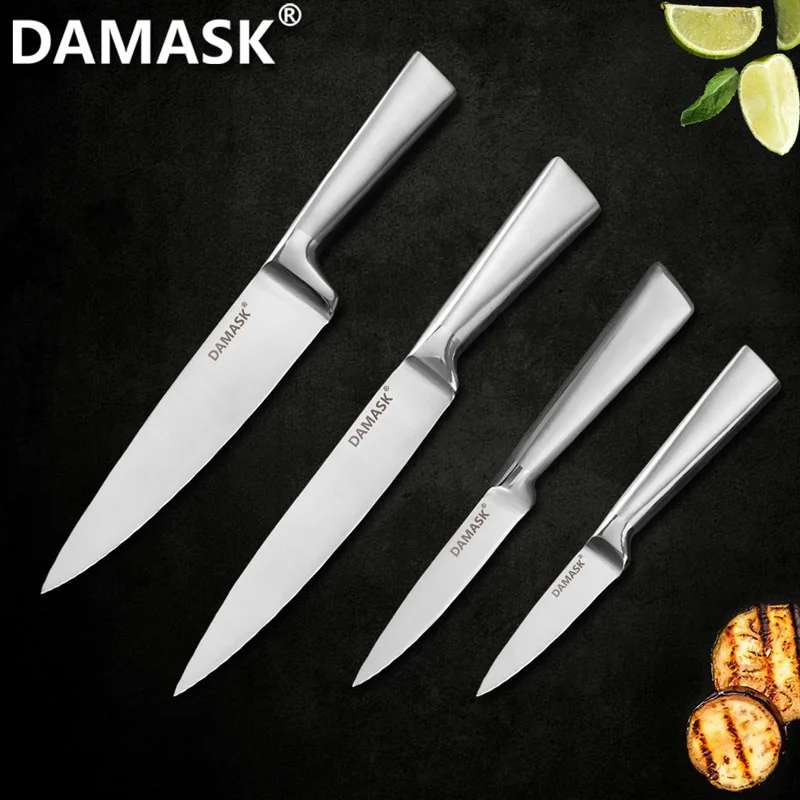 Дамасский набор кухонных ножей из нержавеющей стали, фруктовый нож Santoku для нарезки хлеба, нож шеф-повара, ножницы, точилка и Держатель ножей - Цвет: 4 PCS