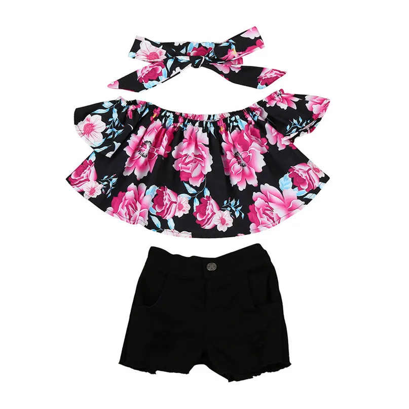 multicolor Модная крутая футболка с открытыми плечами для маленьких девочек, 6 цветов, топ и шорты, детские штаны, костюм, комплект одежды, хит, Прямая поставка, ST27 - Цвет: multicolor