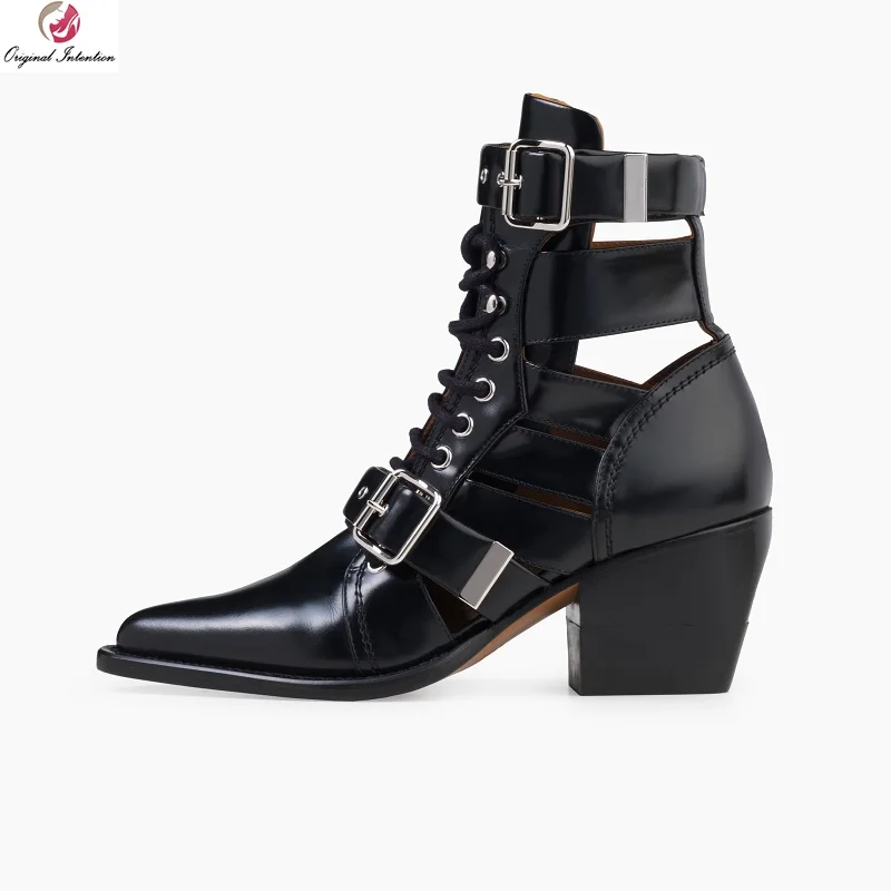 

Original Intention Fashion Women Ankle Boots Pointed Toe Square Heels Boot sBlack Blue Snake Patent White Shoes Woman