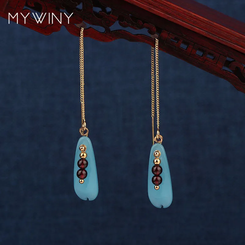blue 3 цвета, новинка, MYWINY, модные ювелирные изделия, длинные медные серьги на цепочке, натуральные камни, листья, Винтажные серьги для женщин - Окраска металла: blue