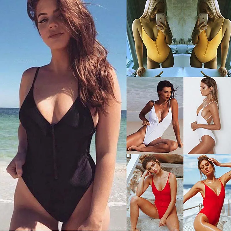 Женский слитный купальник на молнии с v образным вырезом и высокой посадкой