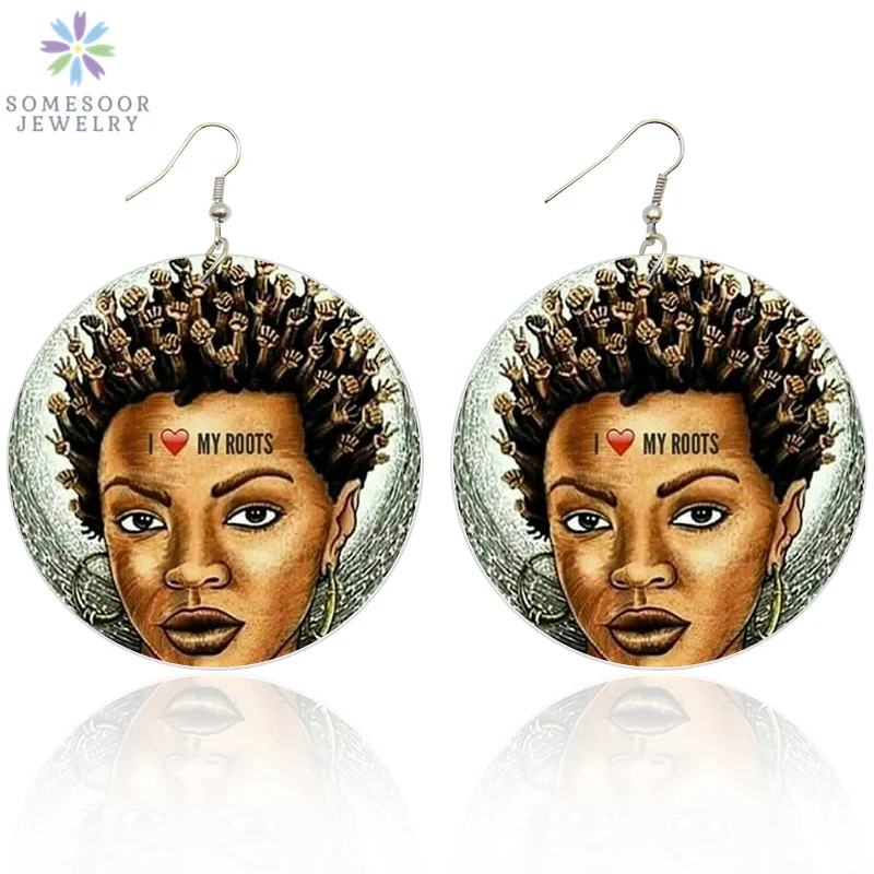 

SOMESOOR Both Sides Printing Afro Natural Hair Wooden Drop Earrings I Love My Roots African Wood Dangle Jewelry For Women Gift