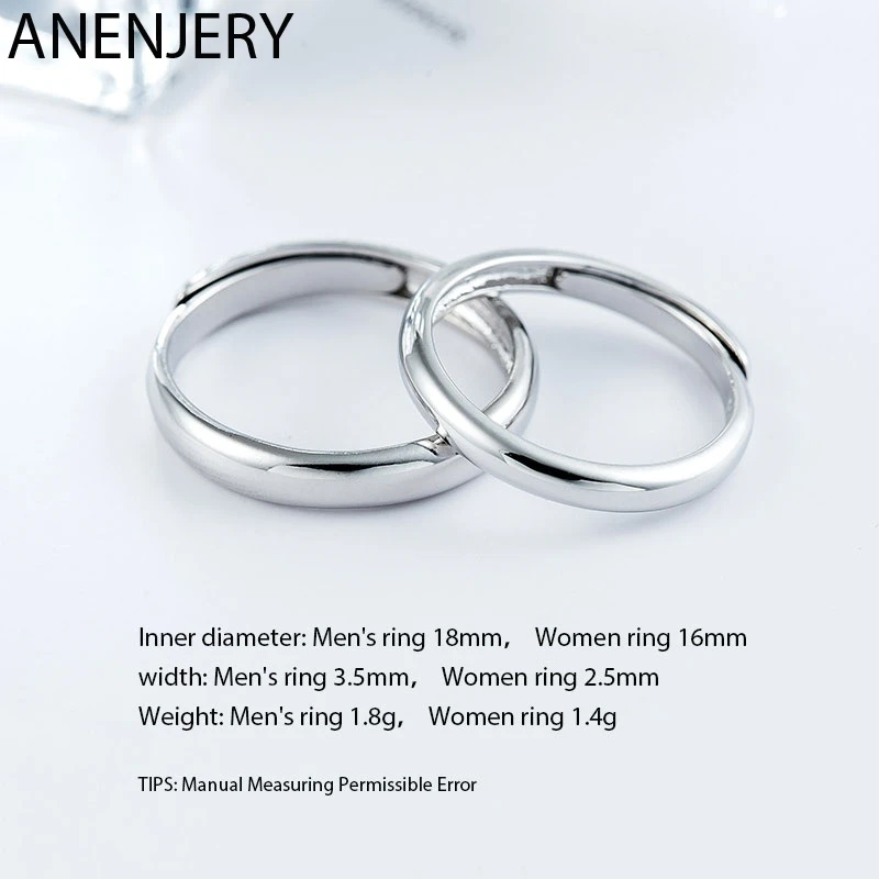 ANENJERY 925 пробы серебряные свадебные кольца для мужчин и женщин пара обещаний простые регулируемые обручальные кольца S-R405