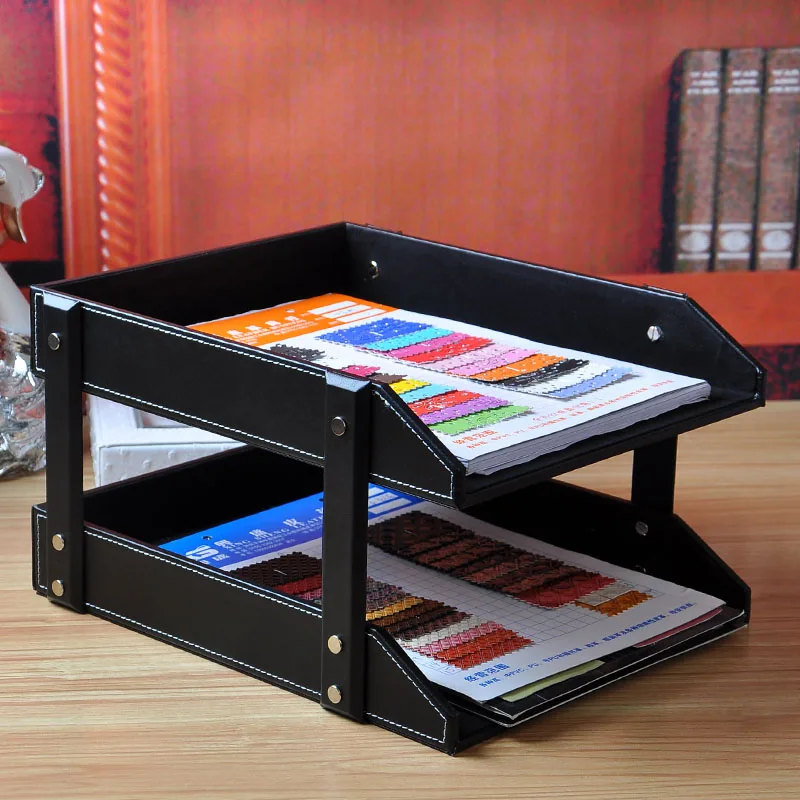 2-layer A4 detachable office desk wood leather document magazine rack tray filing file organizer holder paper storage box 212AR