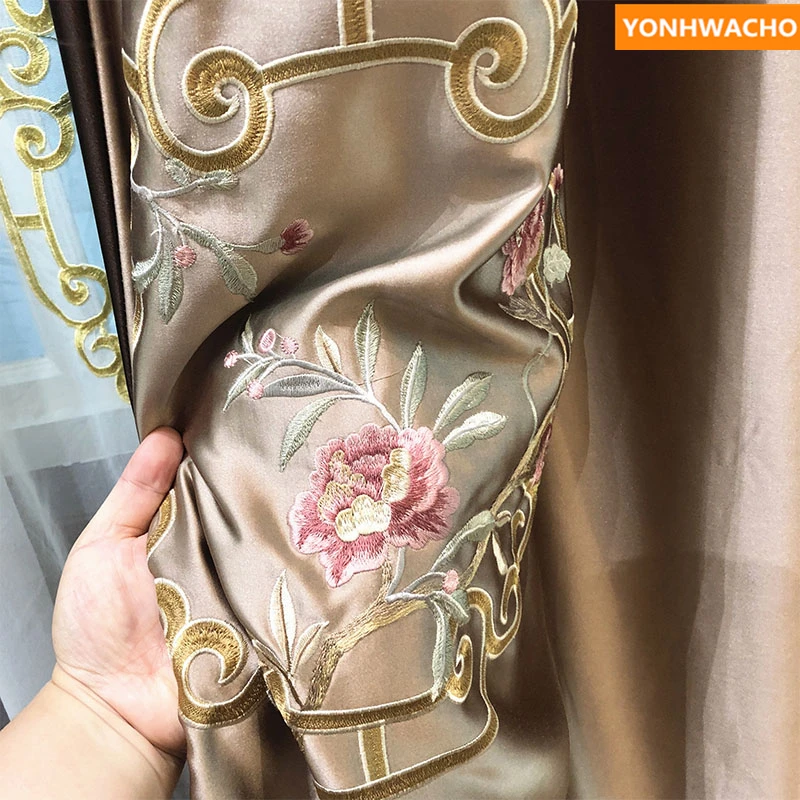 

Custom curtains high quality Chinese classical noble luxury embroidered coffee cloth blackout curtain tulle valance drape B131