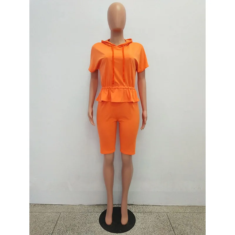 

Echoine Solid Bat Sleeve Butterfly Hooded Two Piece Set Tops And High Waist Pants Short Sleeve Casual Women Clothes Summer Set