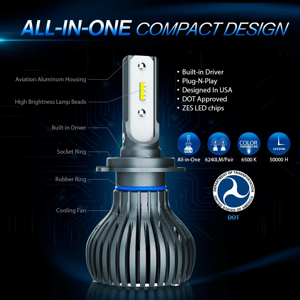 MICTUNING H7 H11 60W 6240LM LED запасные фары 6500K неполярсветильник светодиодные лампы