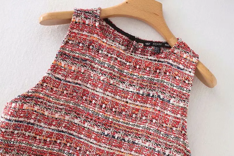 2018 женское винтажное модное твидовое мини-платье без рукавов с круглым вырезом