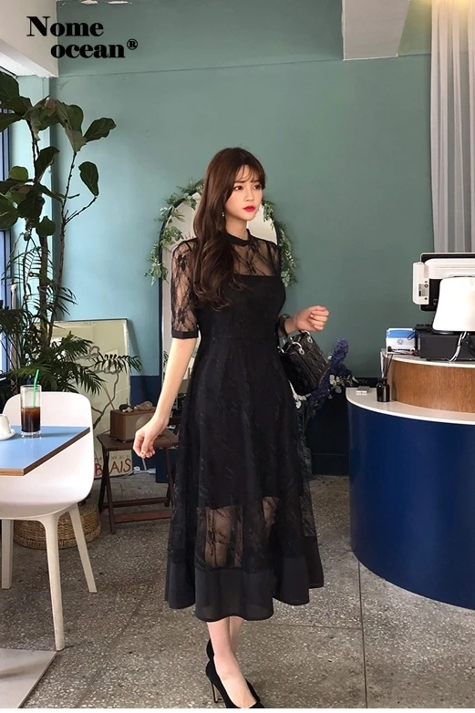 Женское кружевное платье макси с круглым вырезом и вышивкой летнее высокой