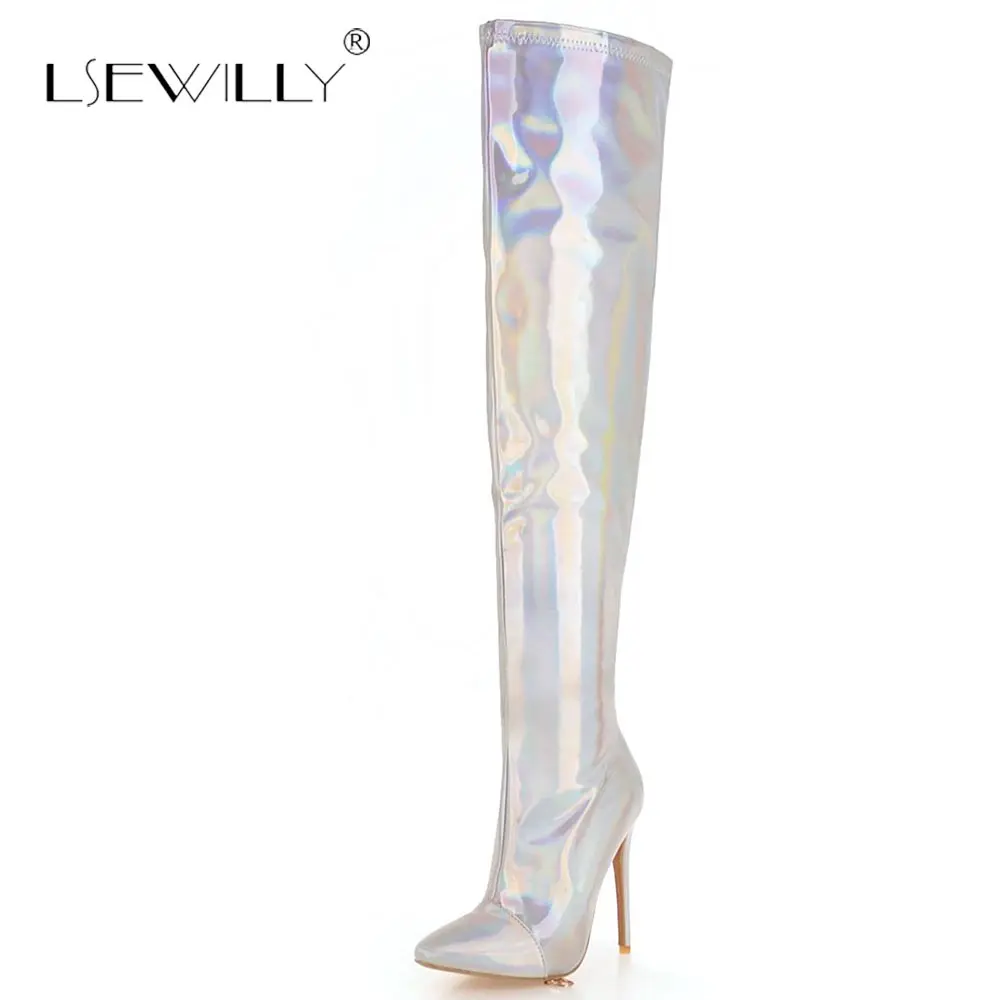 

Lsewilly Женские Сапоги выше колена сексуальные на тонком высоком каблуке сапоги с острым носком золотые серебряные Классические Вечерние туф...
