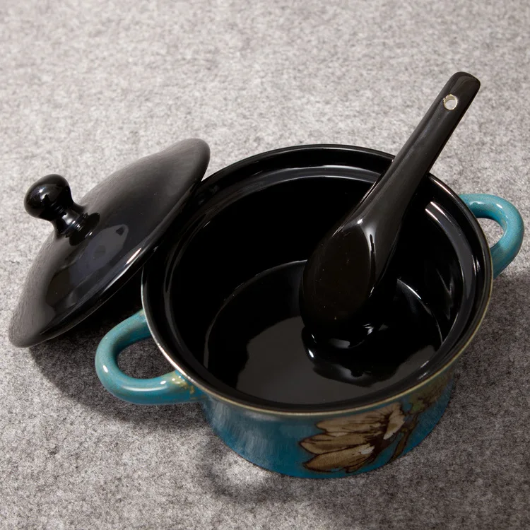 Ретро стиль керамика супница с крышкой и ложкой посуда Творческий суп горшок