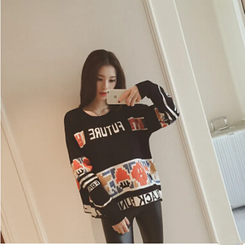 

2016 College style Spring autumn Cartoon Printed O-neck women pullover sweater women's short style sweater