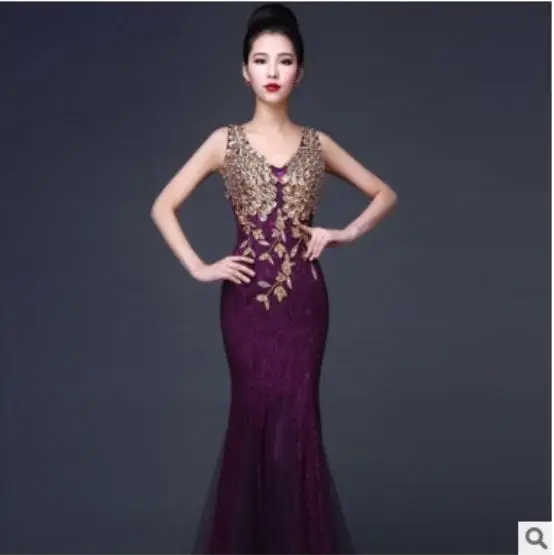 Vestido madrinha Кружева V шеи Вышивка sexy Русалка Бирюзовый Королевский синий цвет персик бордовые платья для подружки невесты длинные - Цвет: Фиолетовый