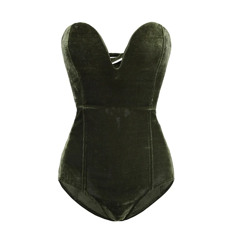 Dark green bodysuit Повседневное женское бархатное боди без рукавов без бретелек, без спинки, v-образный вырез, Облегающий комбинезон, модные топы, одежда для женщин, костюм - Цвет: Dark green bodysuit