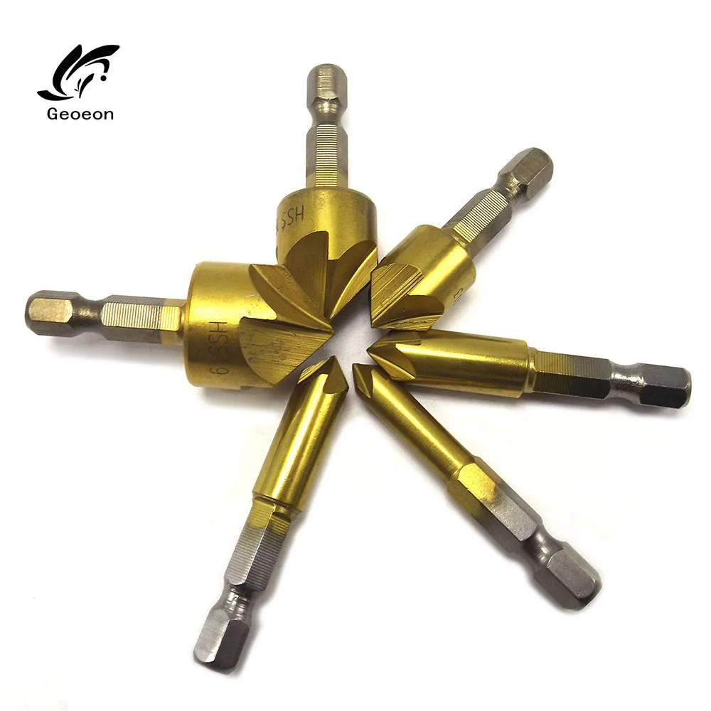 6pcs 3, 6 штук в партии, 5 Флейта фаски Зенковка 1/" шестигранным хвостовиком HSS 90 градусов фаски Резак фаски 6 мм-19 мм зенковки сверло D36 - Цвет: 6pcs