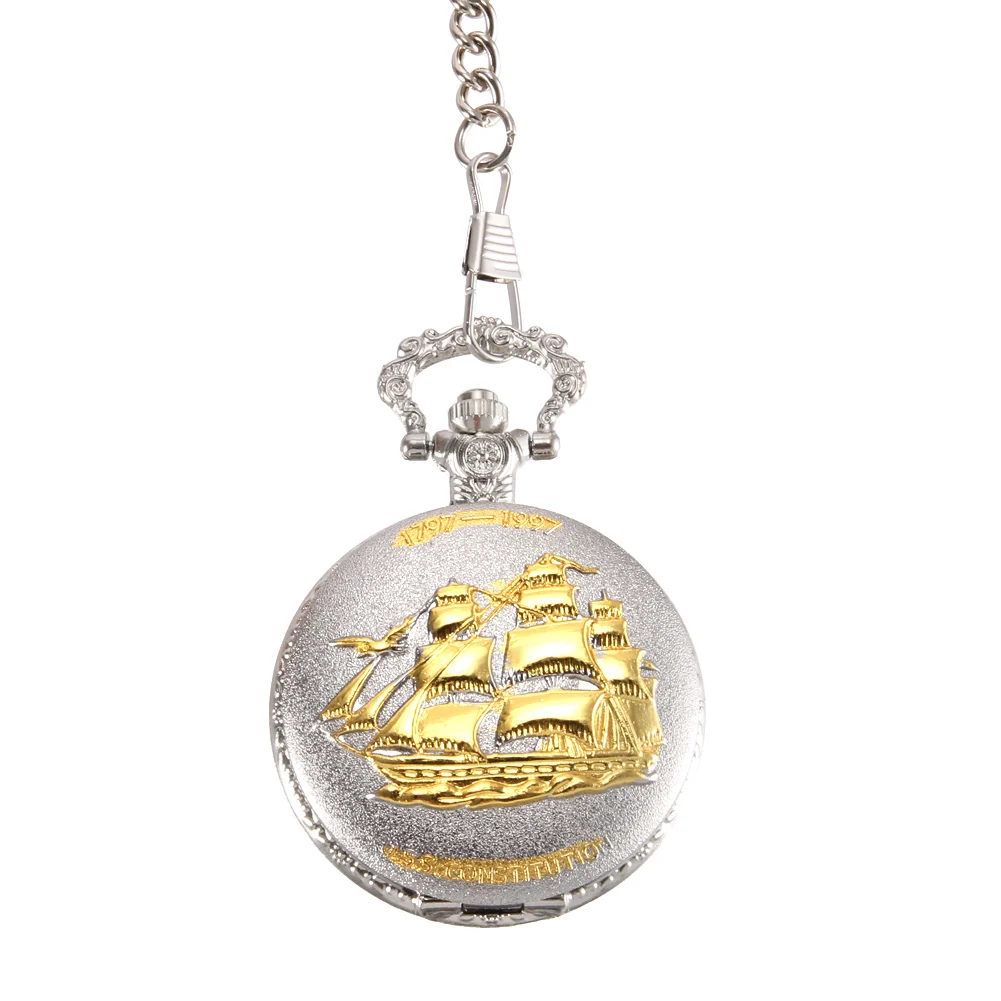 

Vintage Pocket Watch Quartz Watch Cool Chain Golden Sailboat Cover Watches LXH