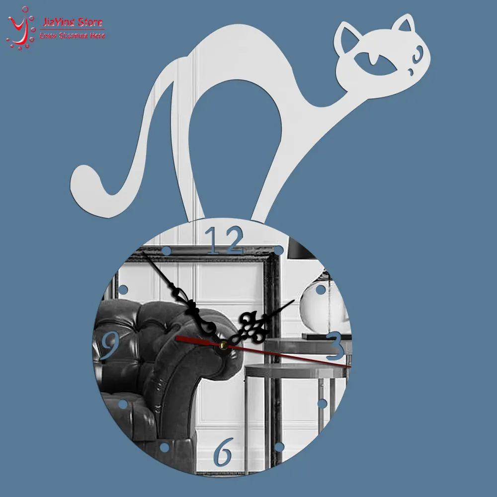 3D акриловые мультфильм кошка настенные часы под старину Стиль геометрические кварцевые часы для гостиной модные зеркальные настенные часы домашний декор