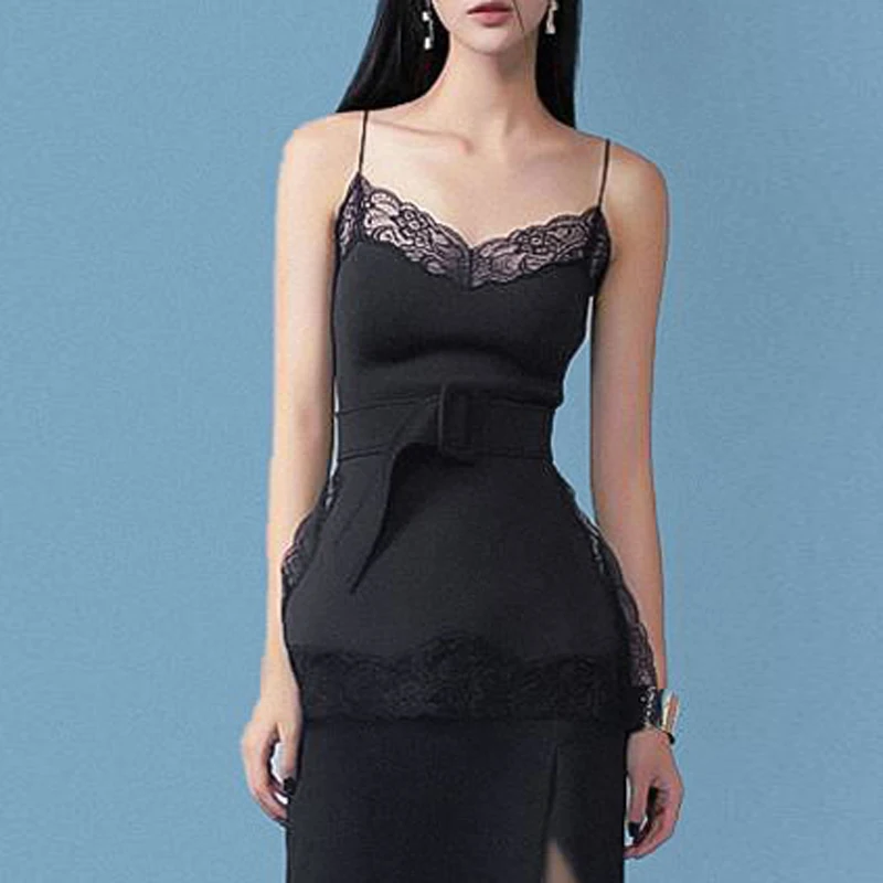 INDRESSME Для женщин бретельках узкие пикантные без рукавов пряжка пояса Кружевной Топ Bodycon модные вечерние клубный верх Лидер продаж