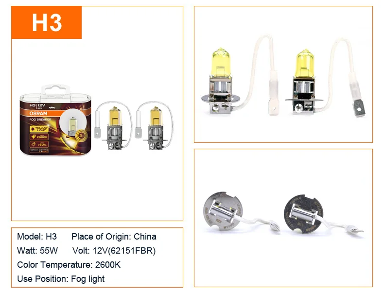 Лампа Ксеноновая OSRAM туман выключатель 2600K H1 H3 H4 H7 H8 H11 H16 9005 9006 12V светодиодные 200% желтый светильник 60% более яркие автомобильные галогенные лампы OEM 2 шт