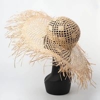 spring and summer new hand hollowed braided big hair rafite straw hat outdoor sunshade beach rafite grass hat folding bow