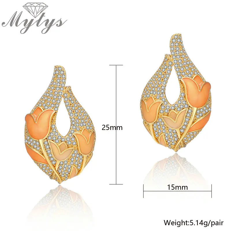 Серьги гвоздики Mytys с инкрустацией из циркония тюльпаны цветочный узор эмалевые