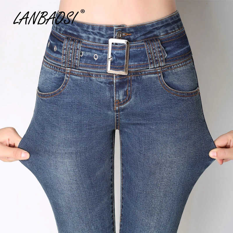 Женские расклешенные джинсы LANBAOSI синие джинсовые брюки палаццо с высокой