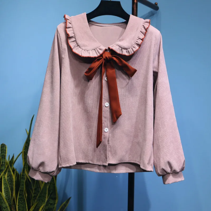 LANMREM новинка 2020 модная свободная Вельветовая Блузка с оборками и воротником