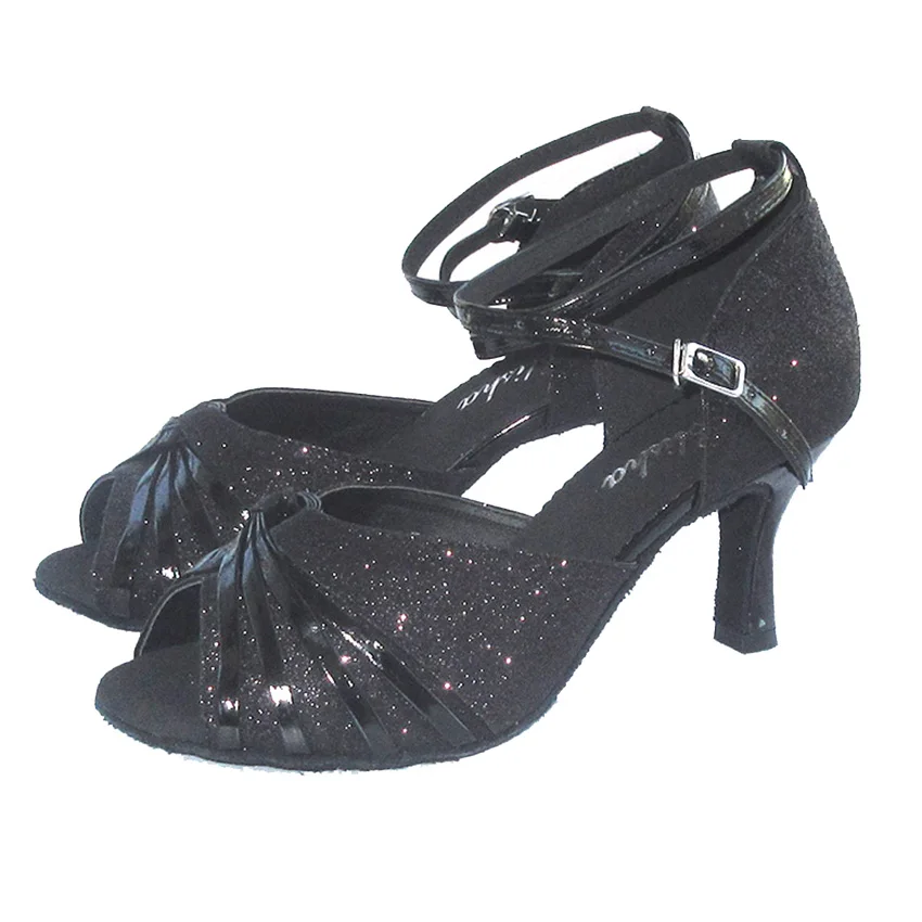 Женские черные блестящие туфли на каблуке с открытым носком для