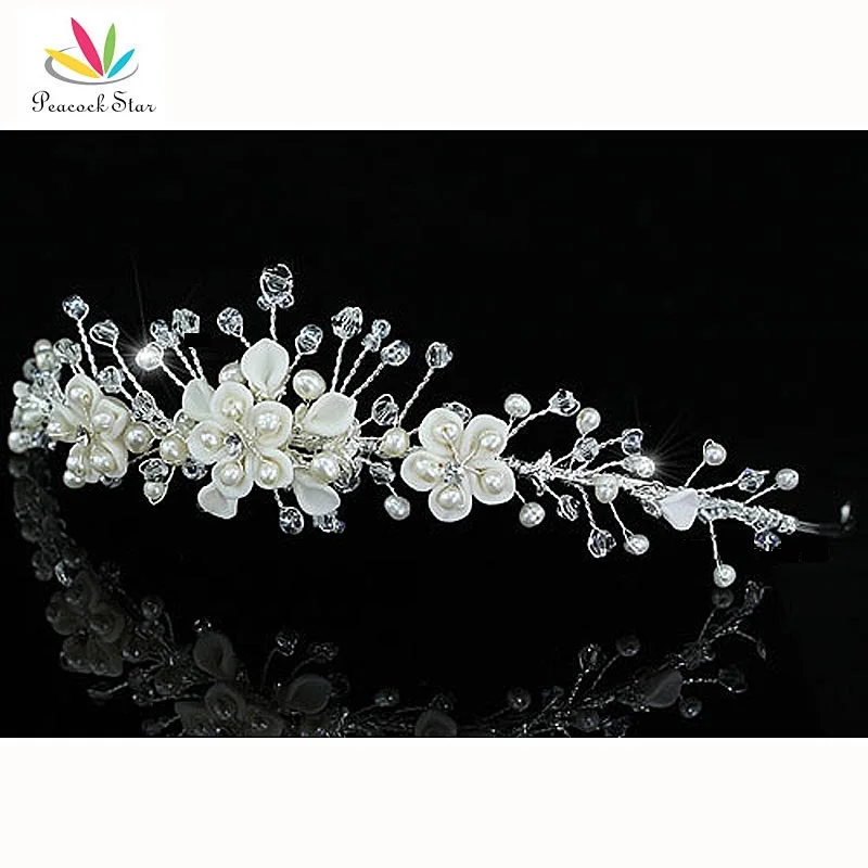 Peacock Star Bridesmaid Bridal Wedding Party Quality Handmade Ivory Ceramic Simulated Pearl Flower Crystal Tiara CT1426 | Украшения и