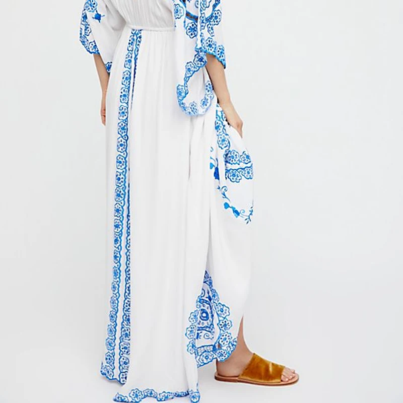 

Summer new Chinese style blue and white porcelain embroidery Bohemian travel hollow-out V collar flared sleeve dress