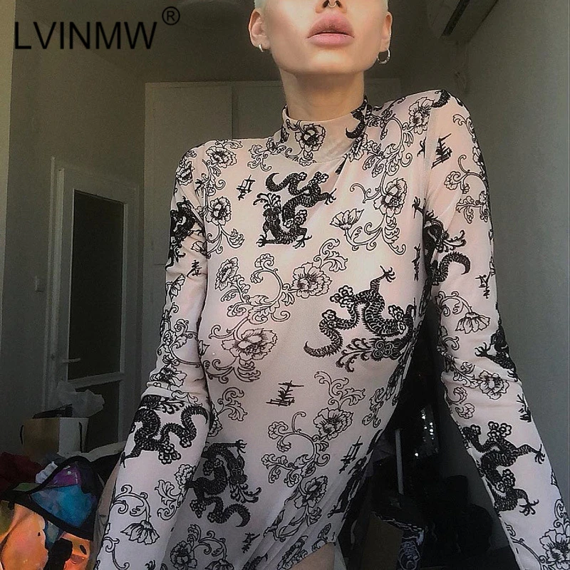 LVINMW цветочный принт прозрачные эластичные боди топы женские длинный рукав