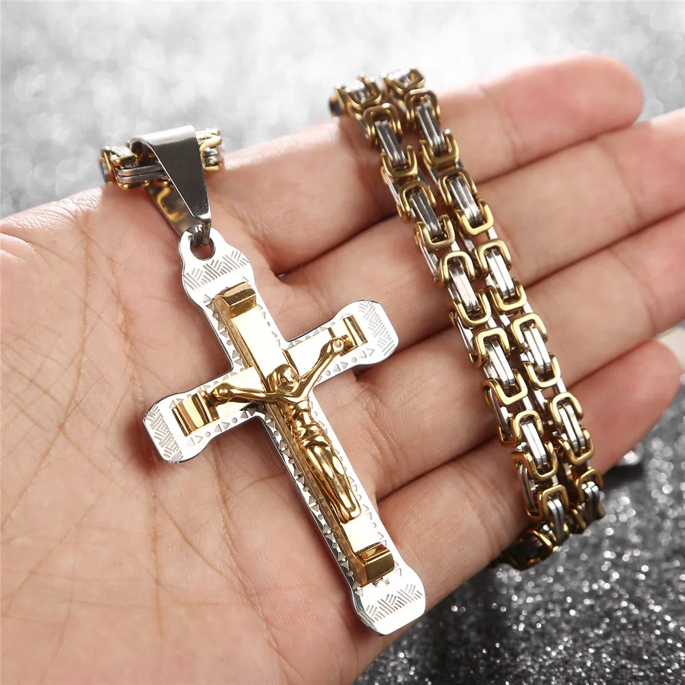 Jesus Mens Chain silver/Gold Tone Link chain Stainless Steel Cross PENDANT NECKLACE 24''