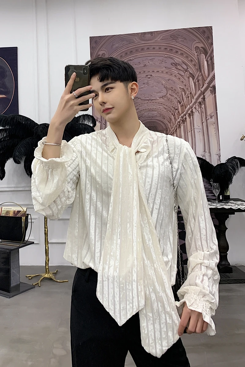 

Spring designer vintage court velvet shirt popular logo men's languid lazy stripe fairy bow tie long-sleeved shirt