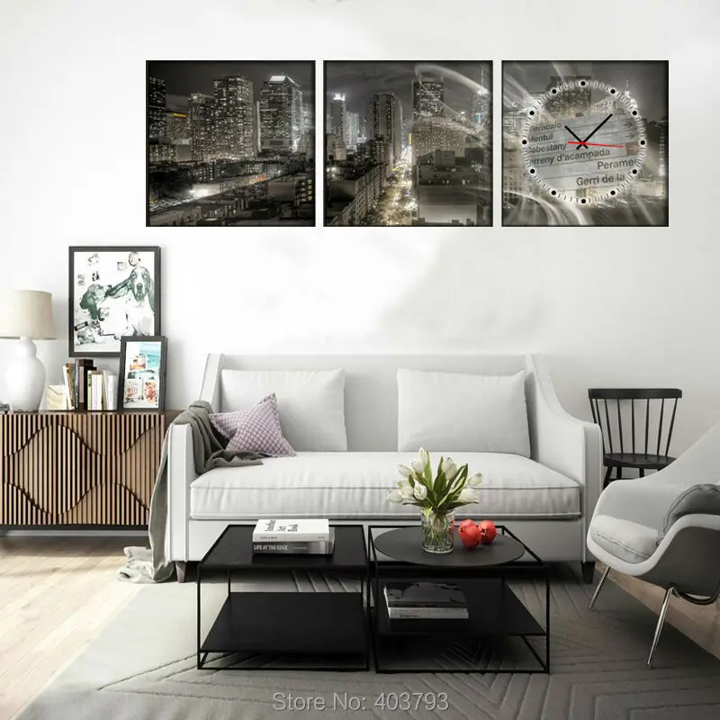 Городской пейзаж ночью современный декор часы холст печать 3 панели комплект