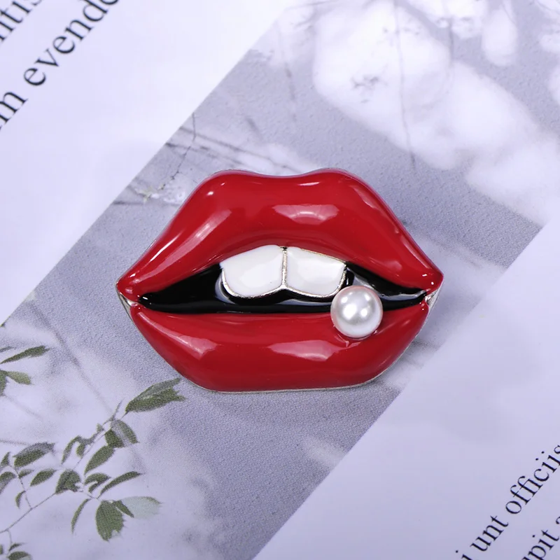 Blucome Fashion Red Lips Shape Brooches Simulated Pearl Enamel Jewelry For Women Girls Suit Coat Badge Collar Pins Accessories | Украшения
