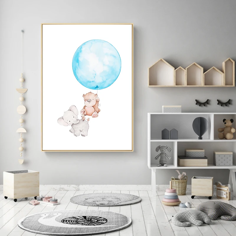Kawaii мультфильм животных Медведь воздушный шар Плакат стены искусства холст