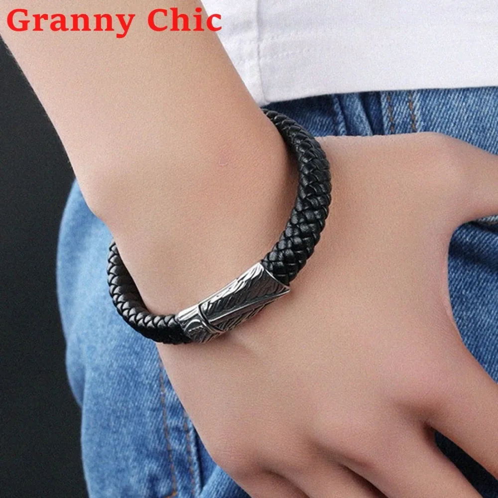 Браслеты манжеты Granny Chic мужские кожаные модные плетеные ювелирные украшения из