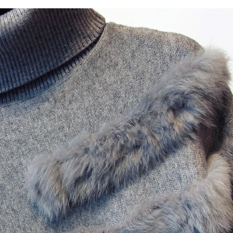New Fashion Autumn And Winter Women High Collar Real Rabbit Fur Cloak Pullover Lady Bat Sleeves Tassel Poncho Sweater Knitwear | Женская